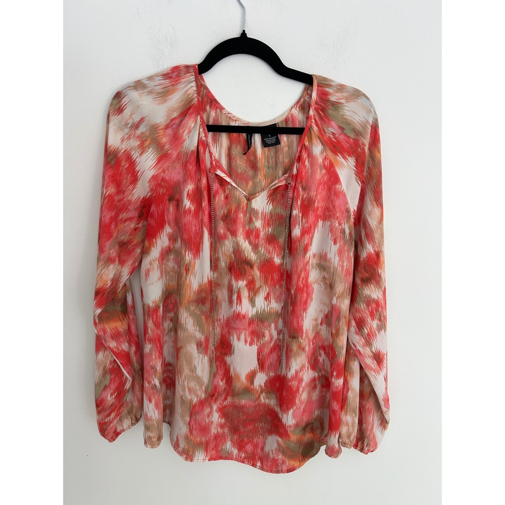 New Directions Womens L Blouse Ikat Abstract Pink Coral‎ Chain Tie Long Sleeve